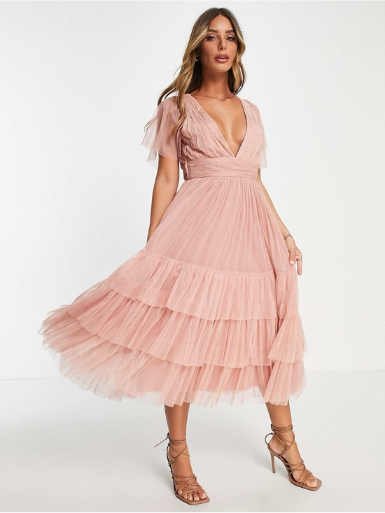 Lace & Beads Dresses & Skirts - Lace & Beads Madison V Neck Tulle Flutter Sleeve Tiered Midi Dress | Blush | 16